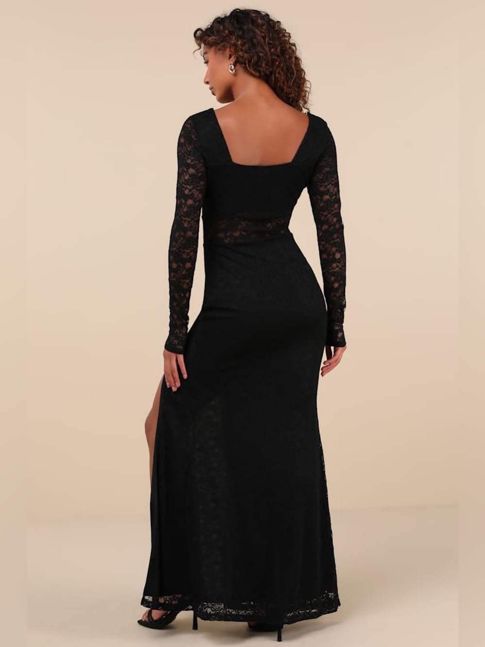 Lulu's Black Lace Long-Sleeve Maxi Dress with Thigh Slit - Picture 3 of 8